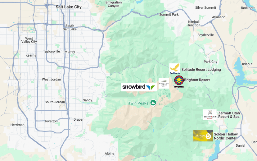 The image is a map of the Salt Lake City region, highlighting nearby ski resorts and recreational areas. The map shows Salt Lake City at the top-left, with major highways and roads leading to various mountain areas. Key ski resorts and lodges, such as Snowbird, Solitude Resort Lodging, and Brighton Resort, are labeled in the mountainous areas east and southeast of the city. Other notable locations include Zermatt Utah Resort & Spa and Soldier Hollow Nordic Center, both positioned near recreational and natural areas. The map also outlines nearby cities like Park City and Summit Park, indicating the proximity of these resorts to urban areas.