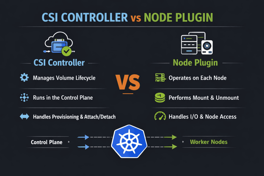 CSI Controller vs Node Plugin infographic