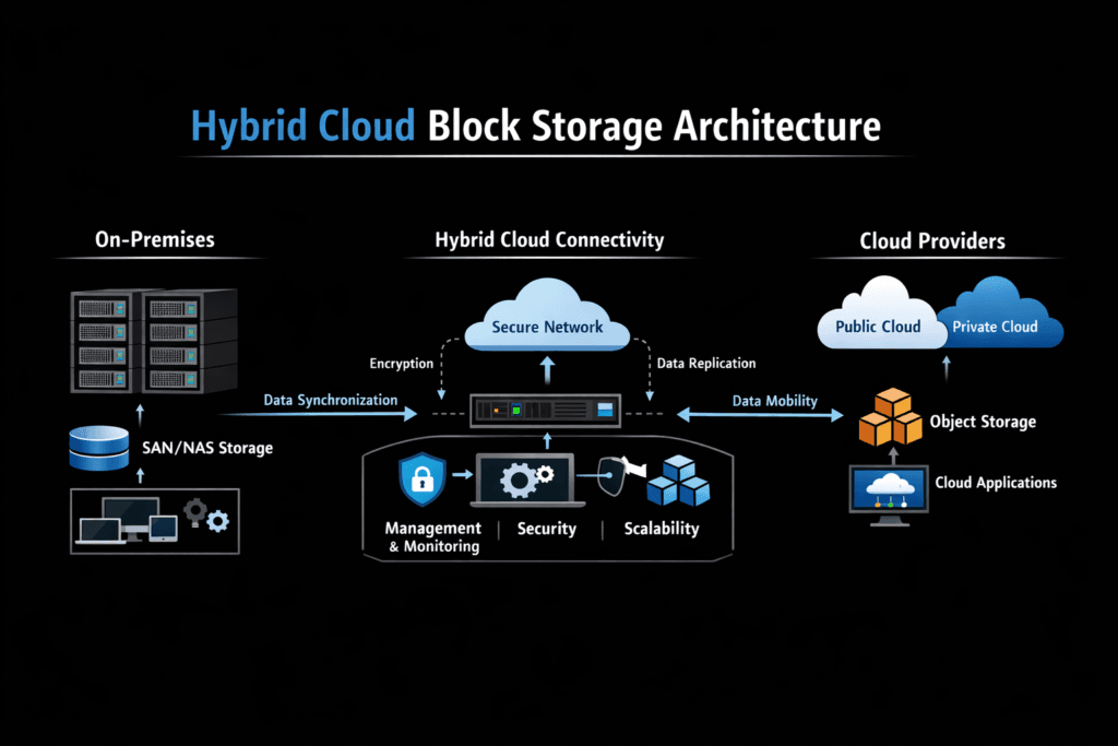 Hybrid Cloud Block Storage Architecture infographic