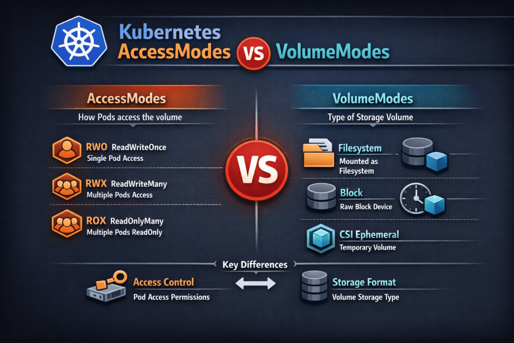 Kubernetes AccessModes vs VolumeModes infographic