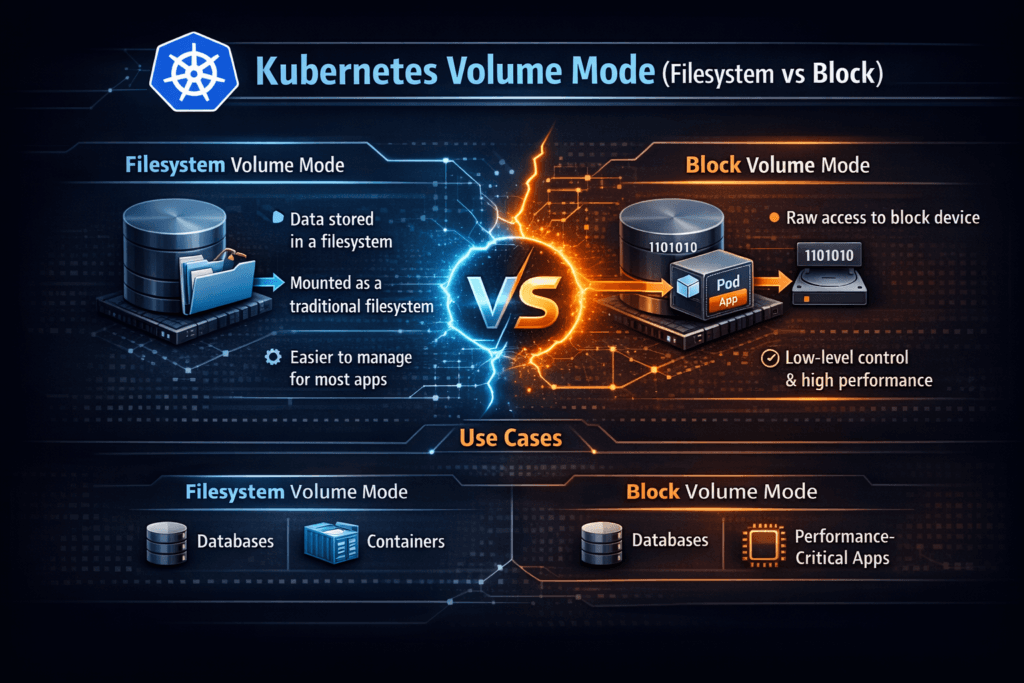 Kubernetes Volume Mode (Filesystem vs Block) infographic