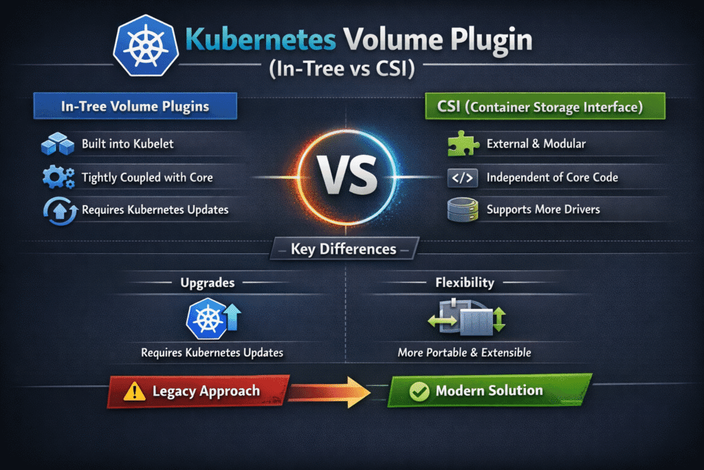 Kubernetes Volume Plugin (in-tree vs CSI) infographic