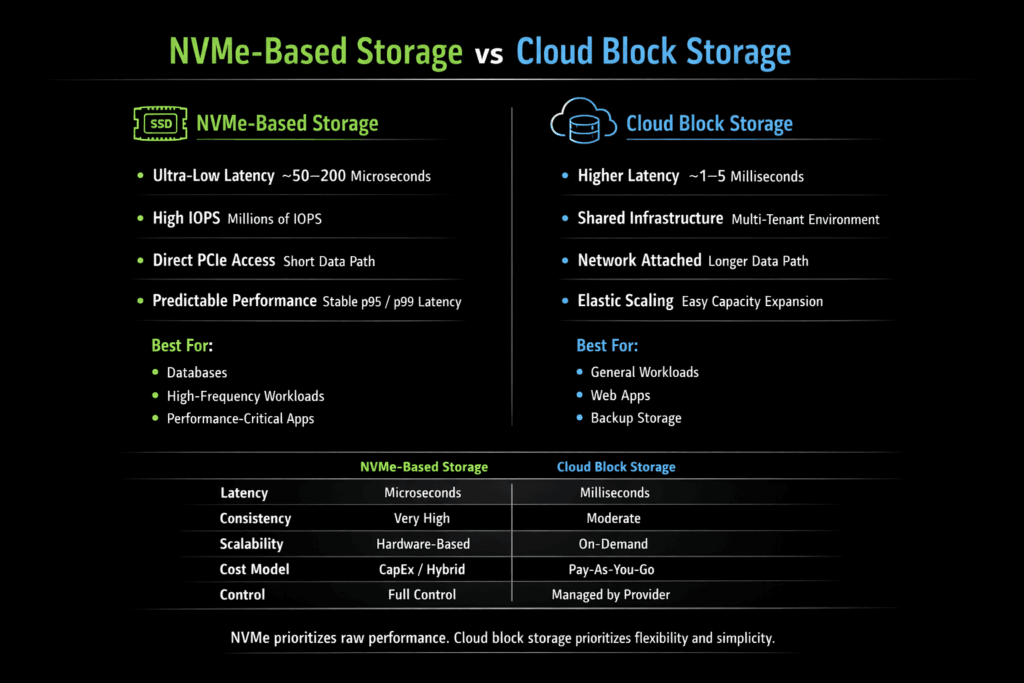 NVMe-Based Storage vs Cloud Block Storage infographic