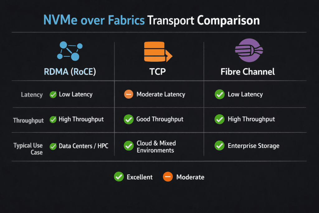 NVMe over Fabrics Transport Comparison infographic