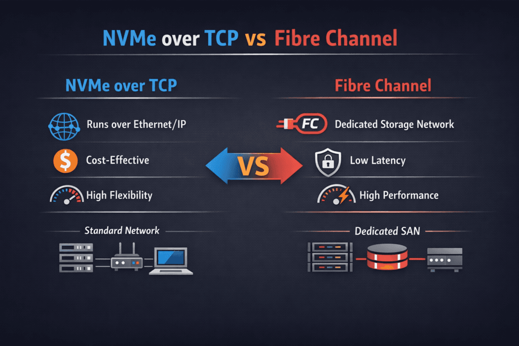 NVMe over TCP vs Fibre Channel infographic