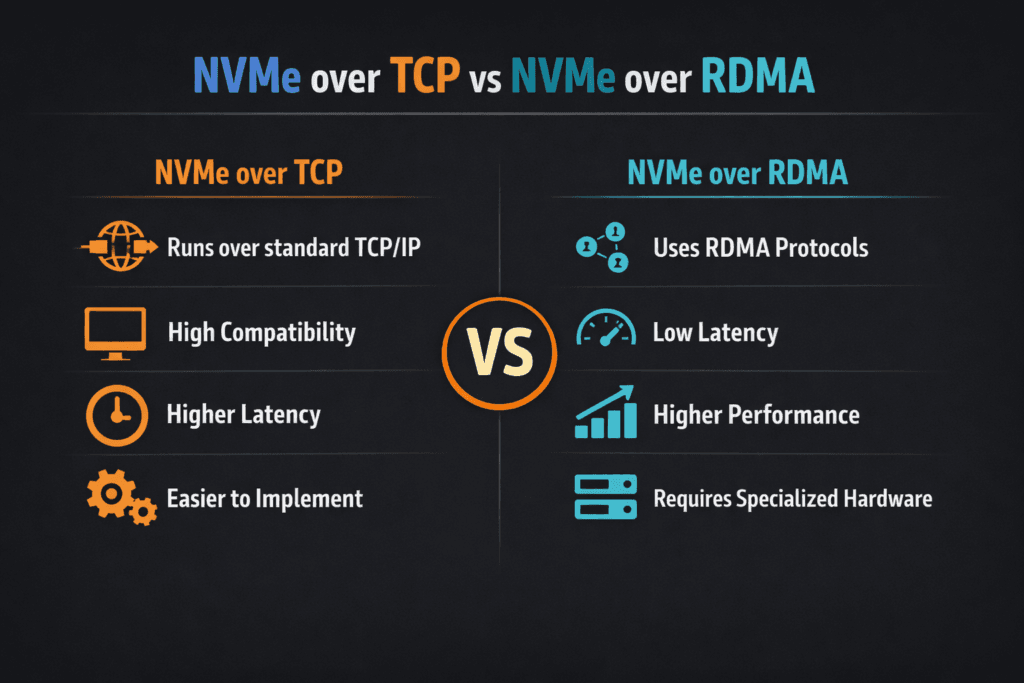 NVMe over TCP vs NVMe over RDMA infographic