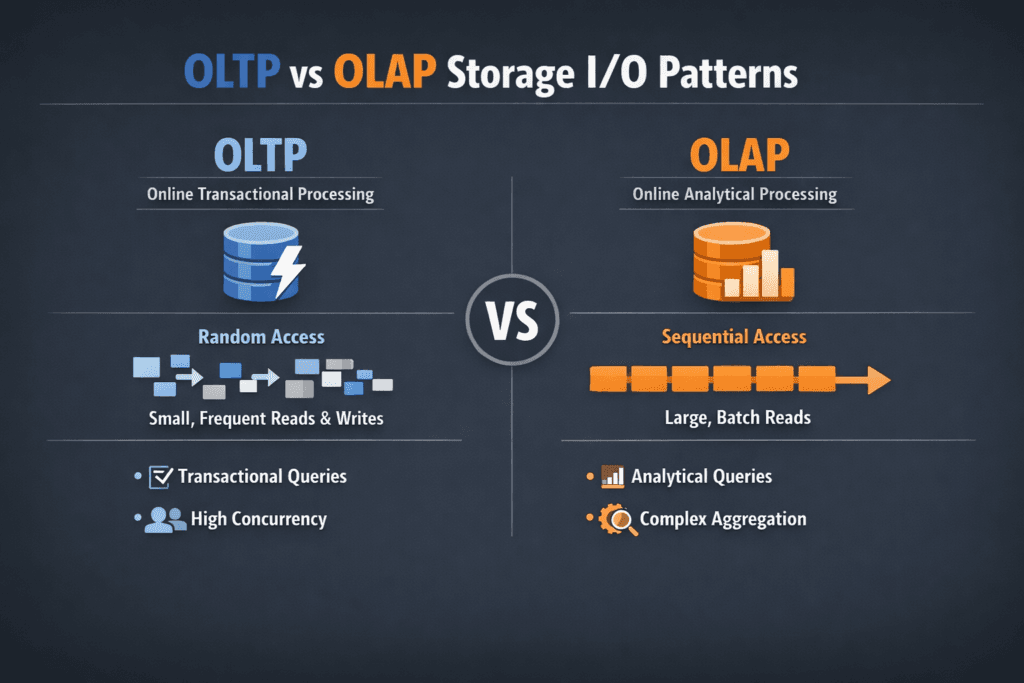 OLTP vs OLAP Storage IO Patterns infographic