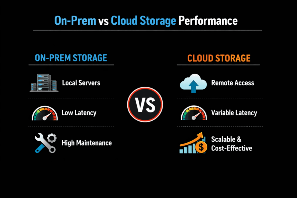 On-Prem vs Cloud Storage Performance infographic