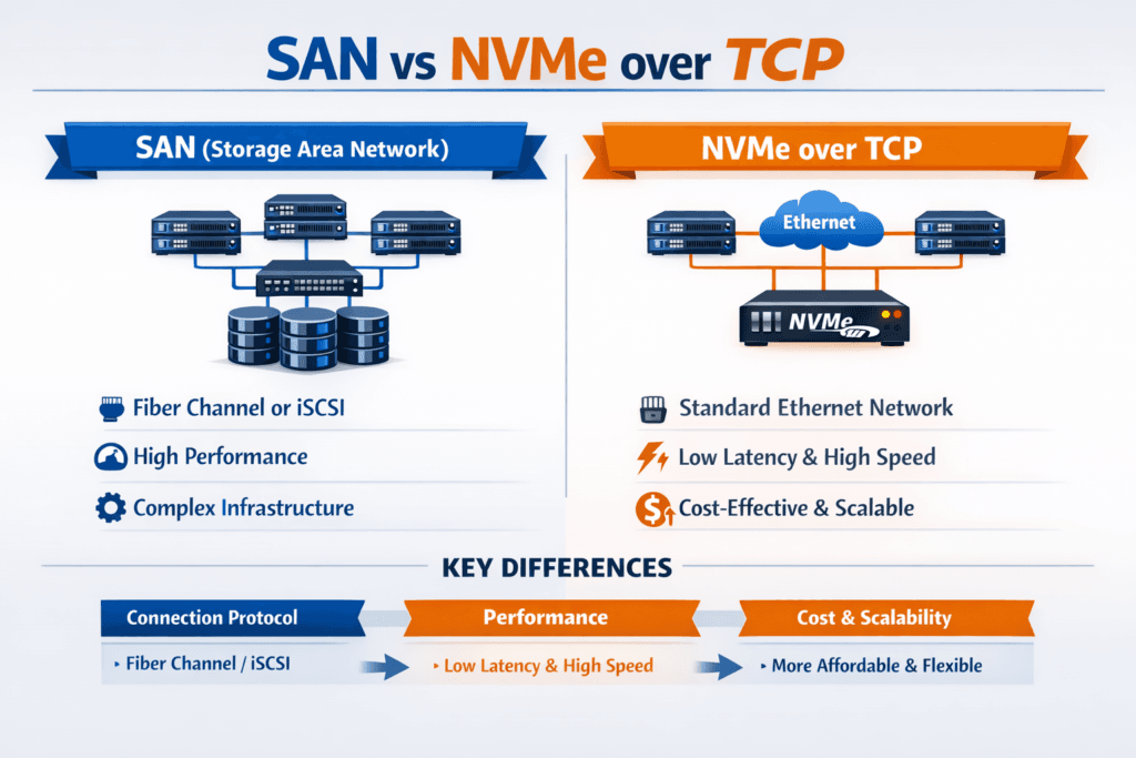 SAN vs NVMe over TCP infographic