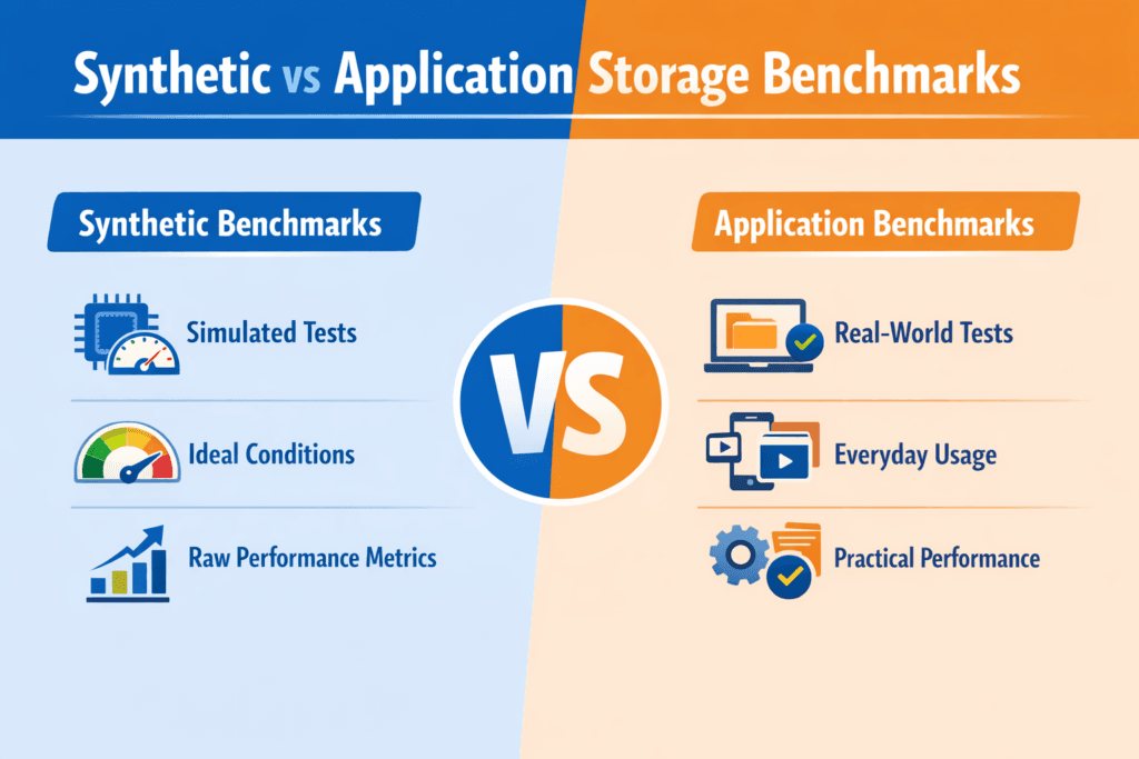Synthetic vs Application Storage Benchmarks infographic